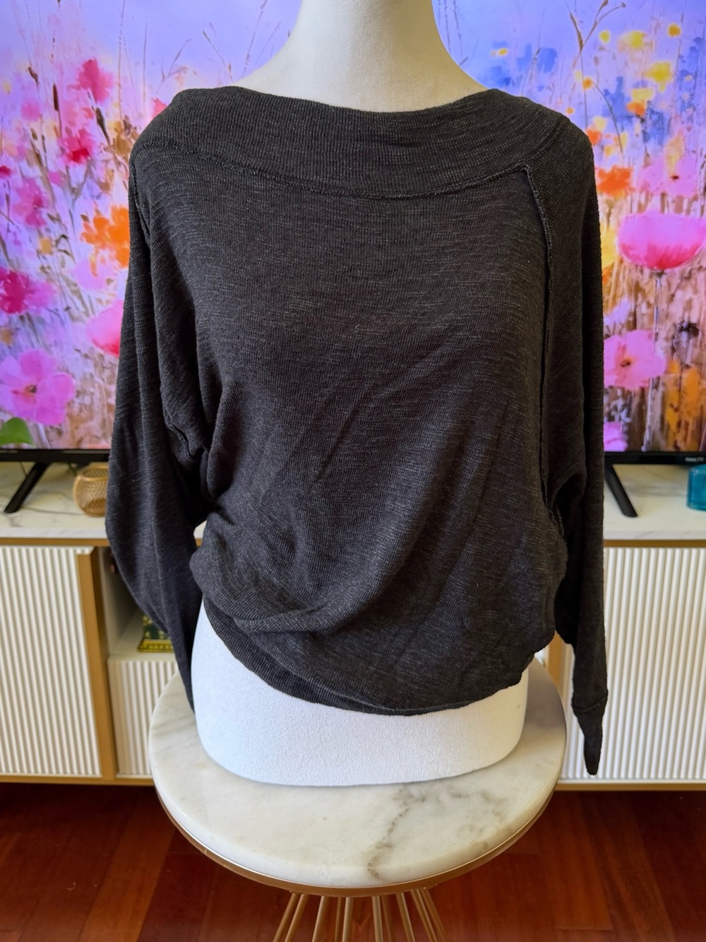 We The Free Off the Shoulder Charcoal Knit Scoop Pullover